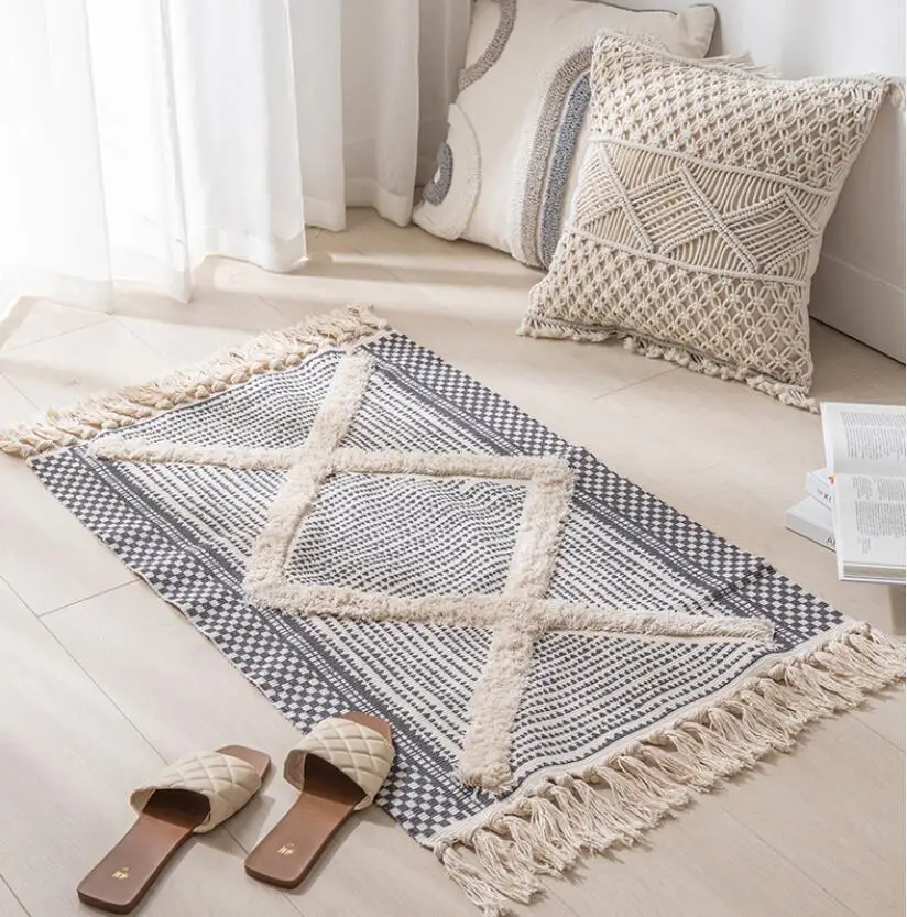 Morocco Kilim Carpet Cotton Linen Hand Woven Rugs Tufting Geometric Floor Mat Bedroom Living Room Carpet With Tassels For Home