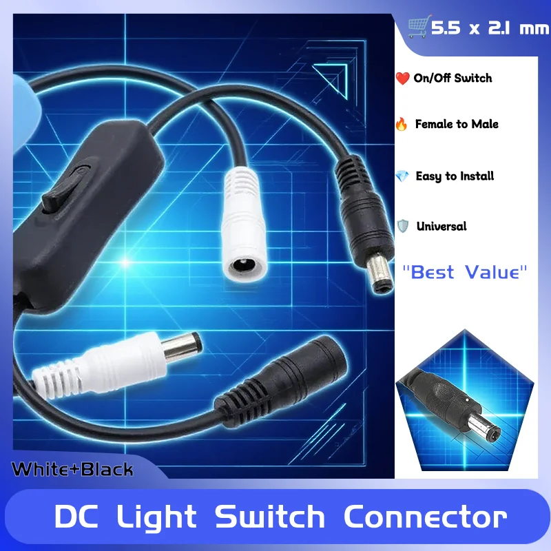 

Switch Extension Cable 30cm For LED Strip Light 5.5 x 2.1 mm DC Power Plug Switch Female to Male Power Cable Connector On-Off