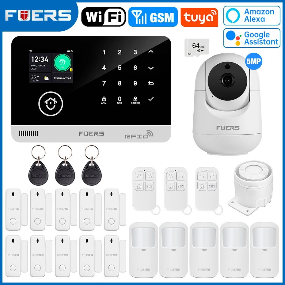 FUERS Alarmsysteem voor thuis WIFI GSM Beveiligingsalarm Host Ant-diefstal met deurbewegingssensor Tuya Smart App-bediening werk Alexa