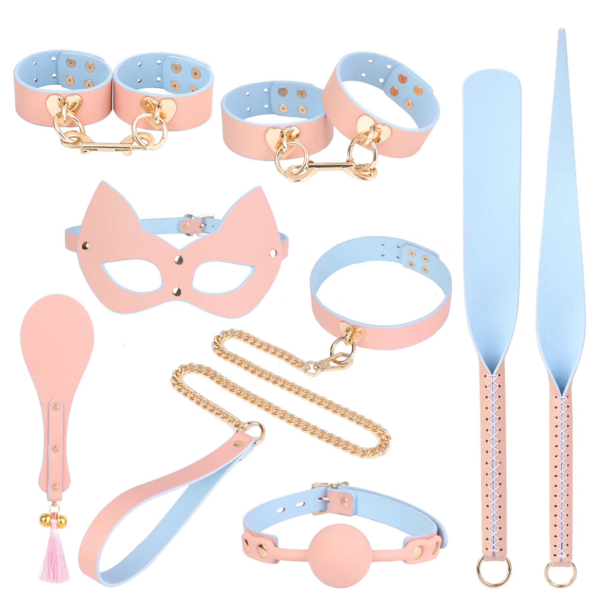 Hot Sexy Genuine Leather Bondage Kits Restraint Set Handcuffs Collar Gag Rabbit Vibrators Adult Sex Toys For Women Couples