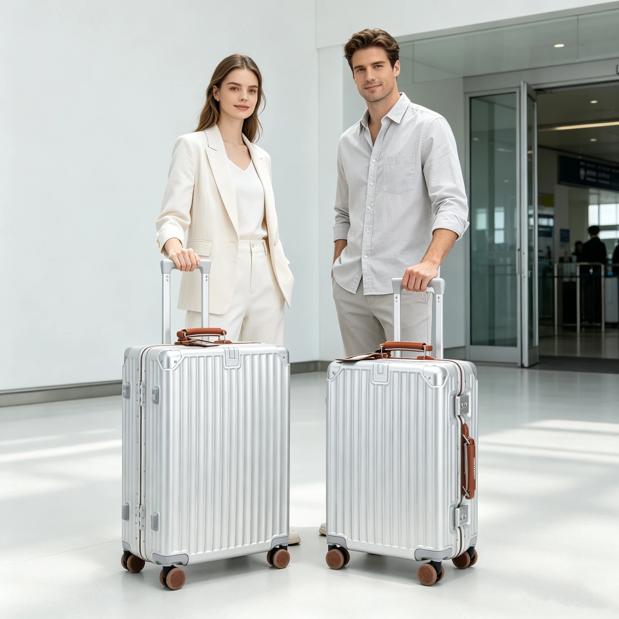Fashoin Soft Leather Handle Rolling Luggage Hard Shell PC Material Suitcase with Aluminum Frame TSA Lock Women Travel 20/24inch