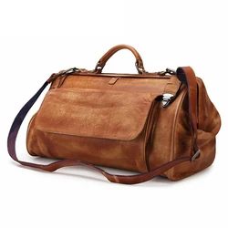 Alta classe do vintage bolsa de bagagem de couro genuíno carry on duffel viagem saco de couro dos homens weekender tote designer bolsa de ombro masculino