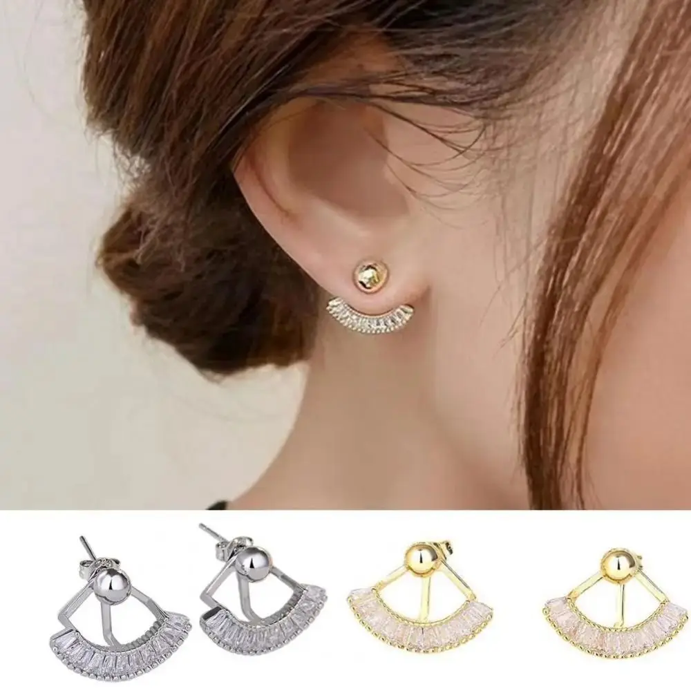 Fashion Scalloped Earrings Exquisite Temperament Fan-shaped Rhinestone Earrings Elegant Light Luxury Round Bead Ear Stud Women