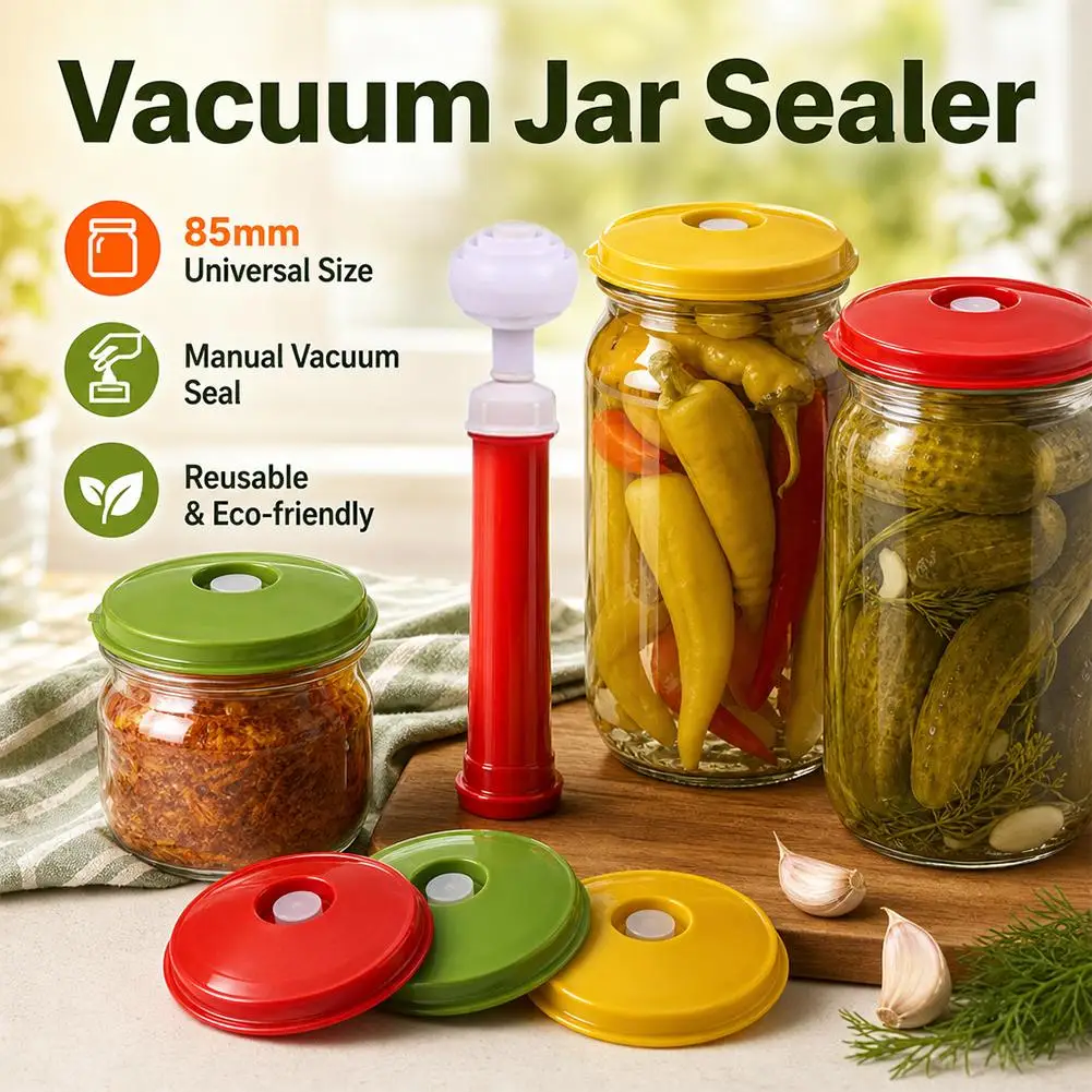 Manual Vacuum Jar Sealer with 85mm Lids Reusable Glass Canning Lid Kit Food Preservation Pump for Pickled Vegetable Mason Jar