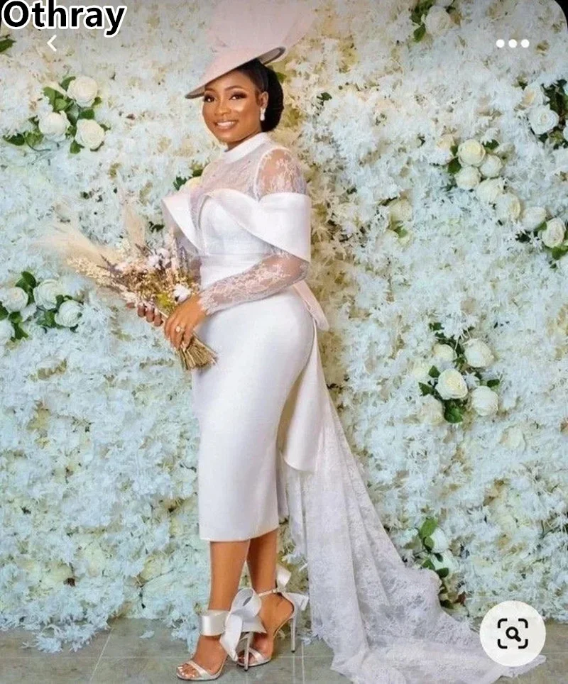 Othray Elegant Lace Wedding Dresses Long Sleeves Sheat Short Bridal Gowns Wedding Party Robe African Aso Ebi Formal Dress