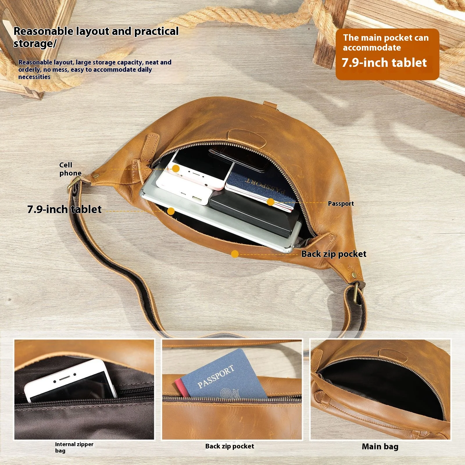 Crazy Horse Leather Vintage Men's Waist Pack Outdoor Sports Large Capacity Genuine Leather Casual Multi-functional Chest Bag
