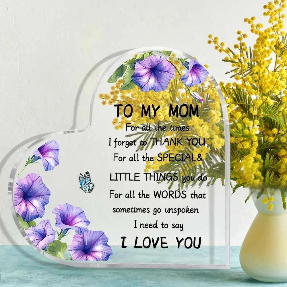 Heart Acrylic Desk Plaque Gift for Mom, Purple Morning Glory Floral Tabletop Ornament Mother's Day Present