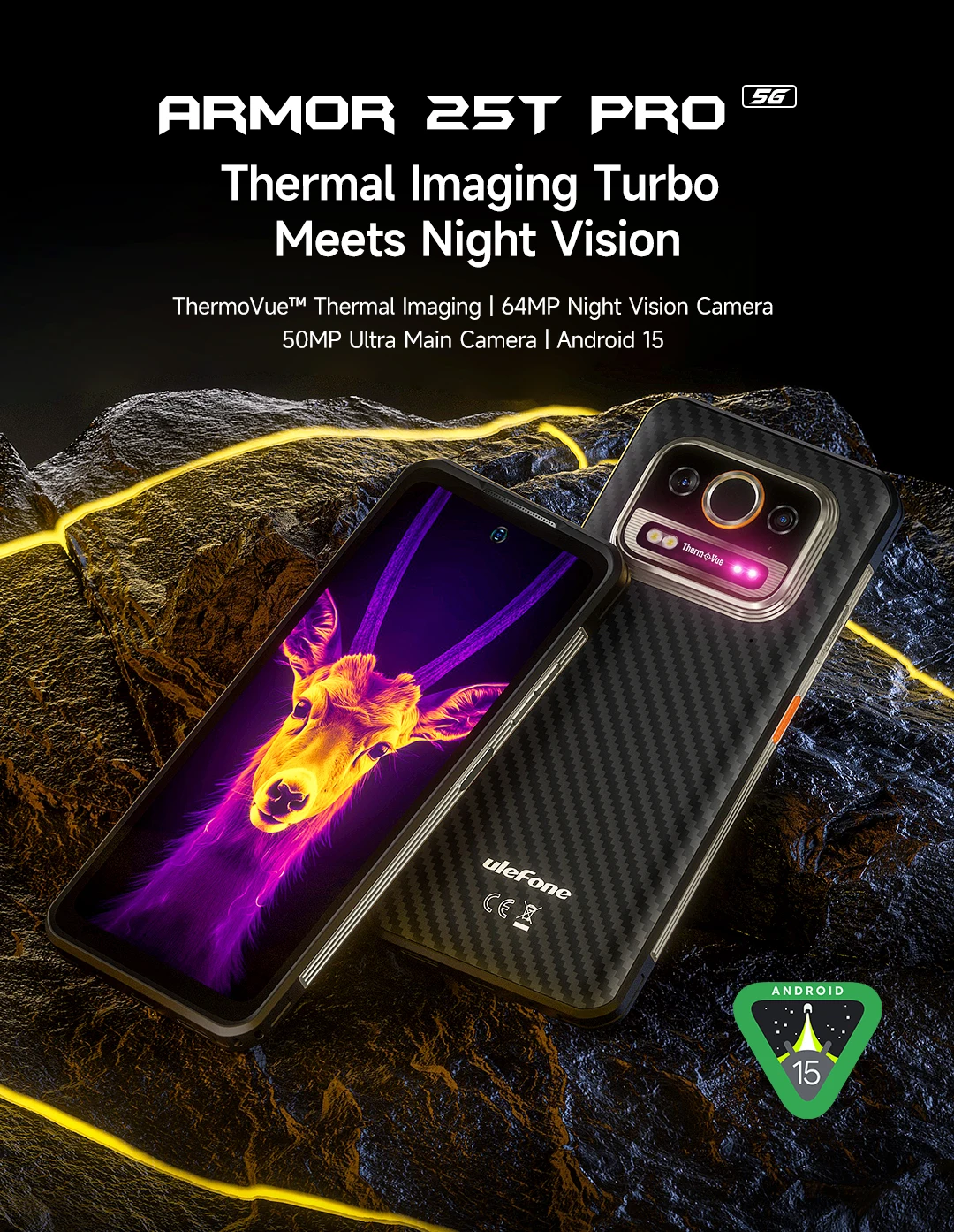 Ulefone Armor 25T Pro 5G Rugged Phone Android 15 30W Wireless Charging 50MP+64MP Night NFC Waterproof Smartphone