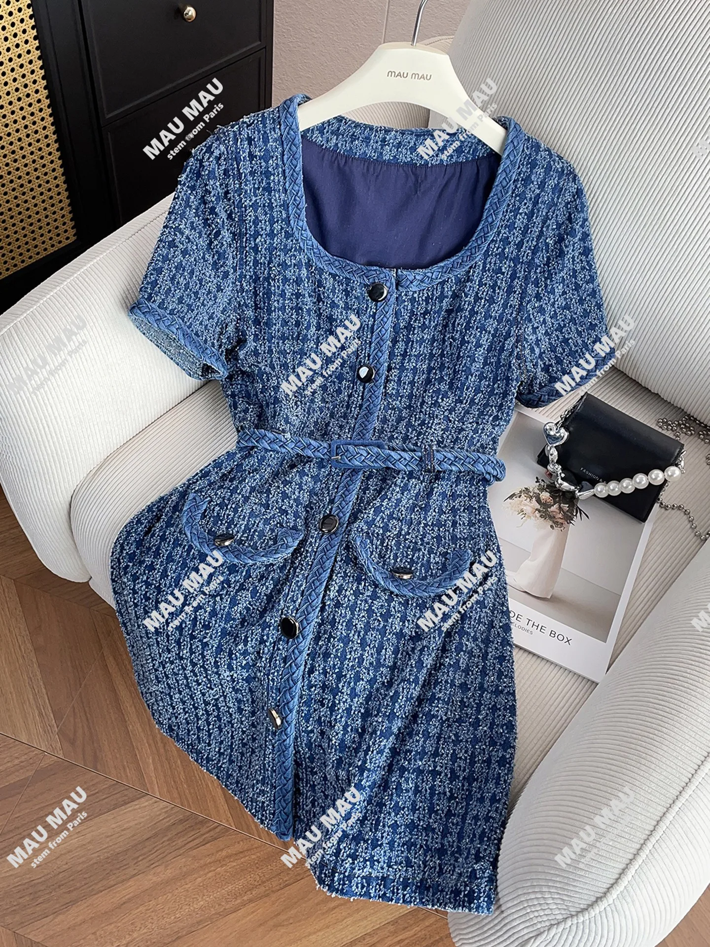 

High-End Summer Dr Ele Square Collar Heavy Woolen Material angxiang Sle A-Line ort Sve High Waist Polyester F...