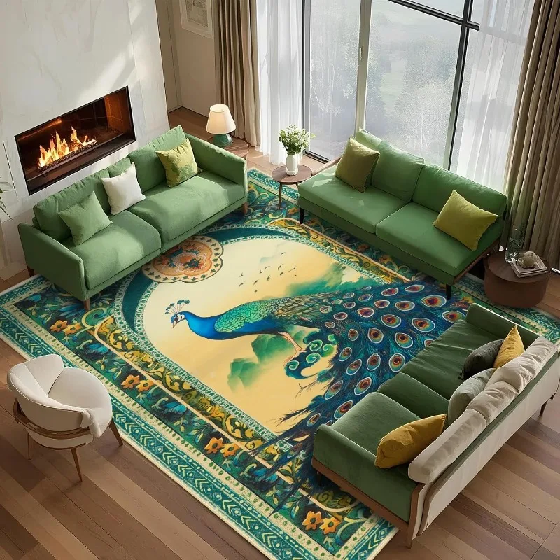 

Retro Living Room Carpet Green Large Area Peacock Print Bedroom Rug Nordic Style High-end Home Decoration Coffee Table Mat Tapis