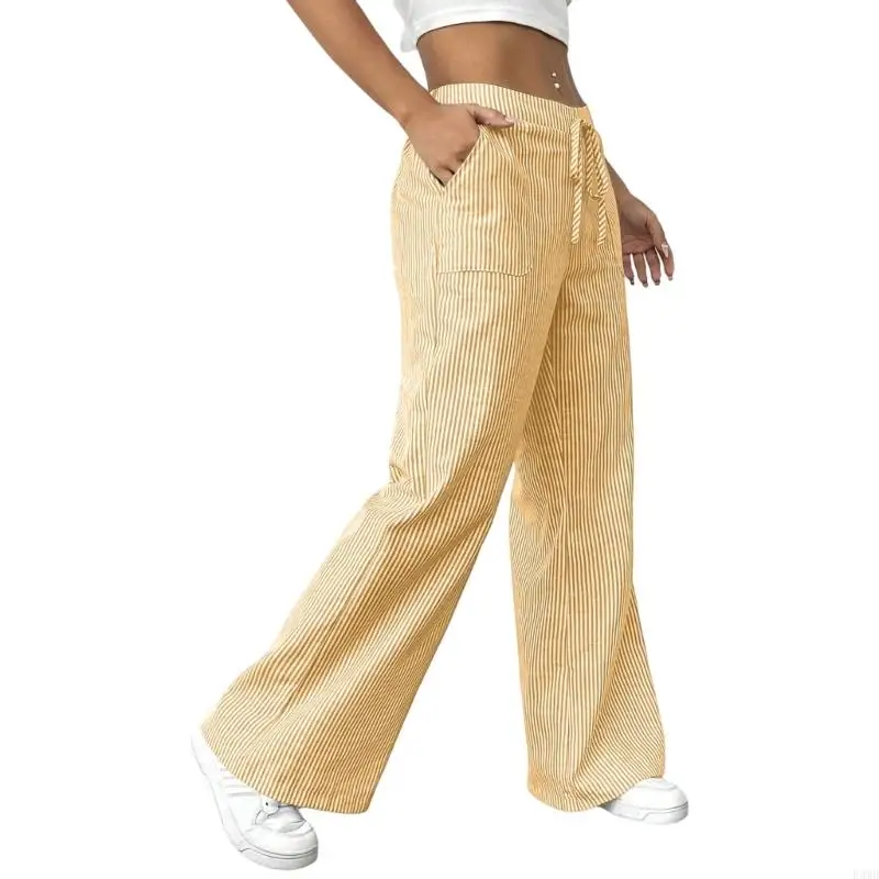 レディース ワイドレッグ ストライプ ドローストリング ローライズ カジュアル ルーズ パンツ ポケット付き F3MD