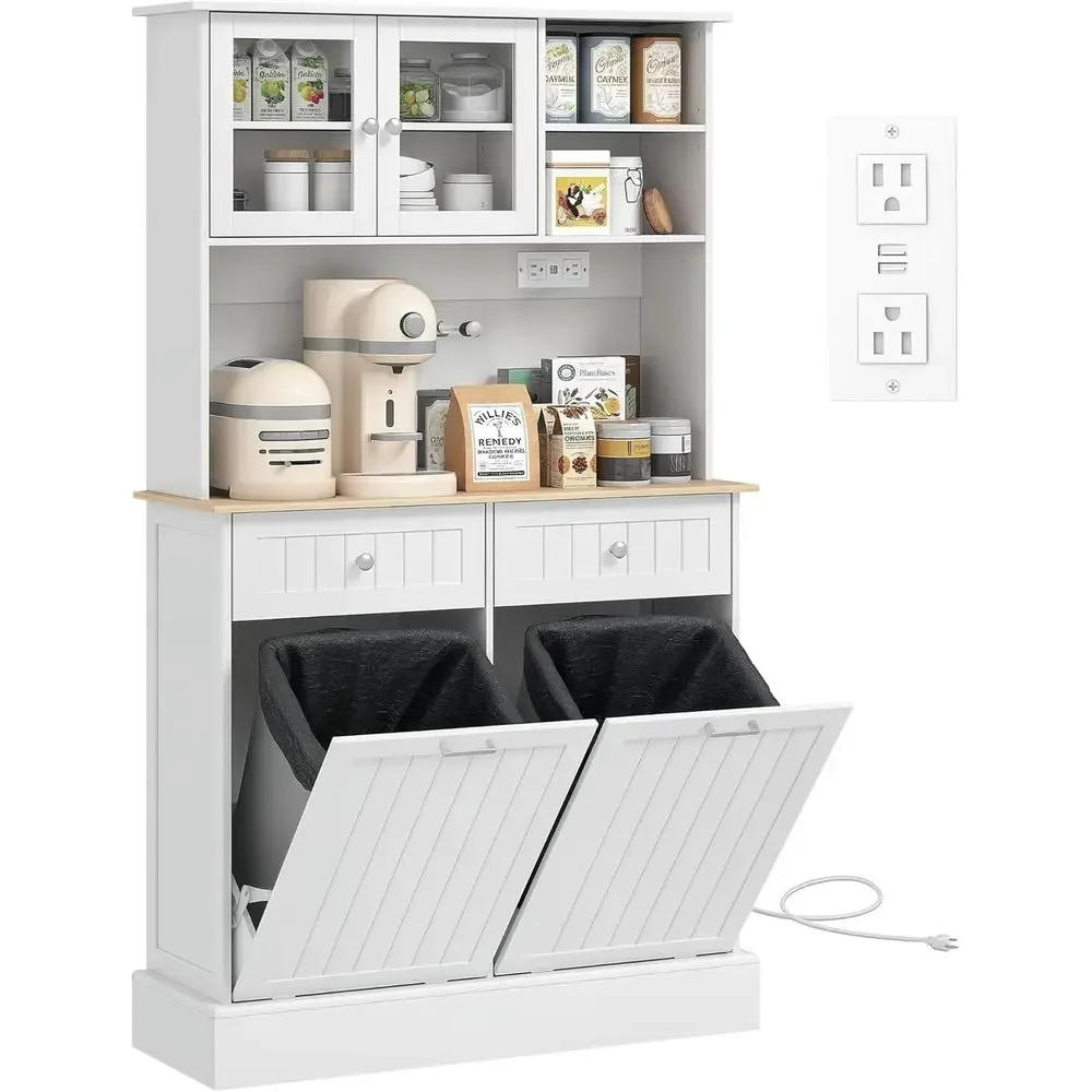 

Белый кухонный шкаф-буфет 68 дюймов с зарядной станцией, двумя контейнерами для мусора по 10 галлонов и регулируемой стеклянной дверцей-витриной