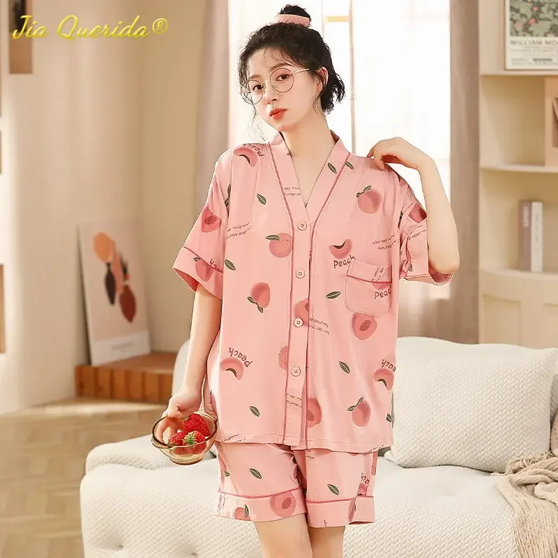 

SUKAE Kimono Style Womens Pajamas Set Cool Modal M-5XL Nightwear Leisure Cartoon Sleepwear Girls Big Size Summer V-neck Homewear