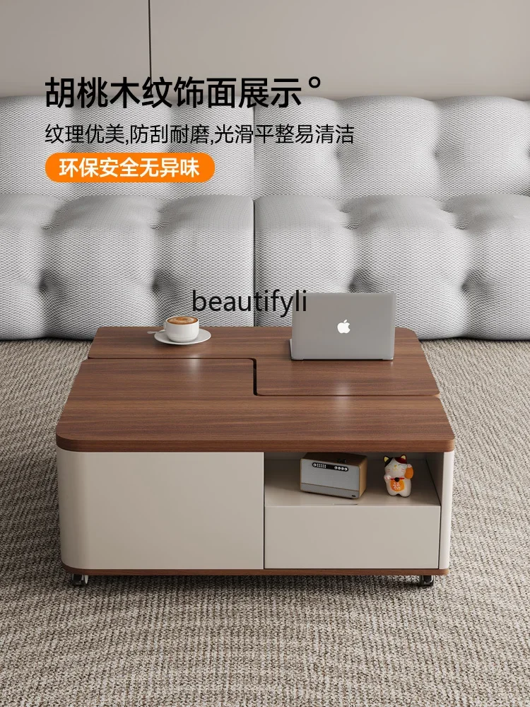 X188Mobile Function Coffee Table Minimalist Designer Model Modern Living Room Home Solid Wood Walnut Color Antique Style