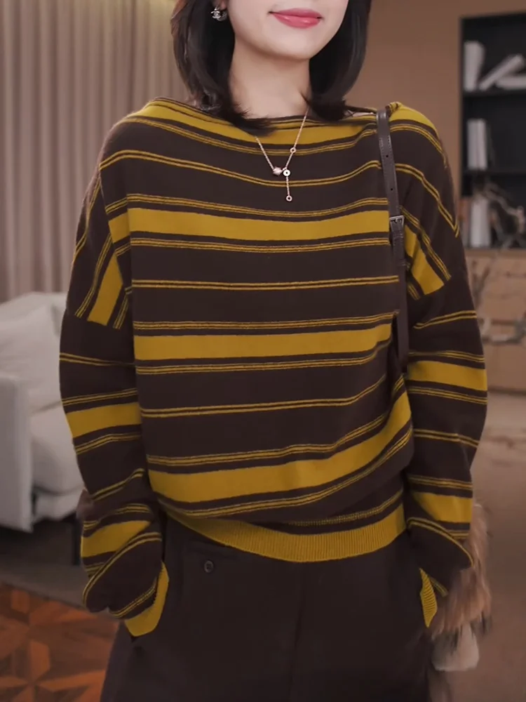 

Korean Sle Long Sve Striped T-irt Women's plus Size Knitted Sweater Slimming Top Trendy Commute Sle Casual Wear