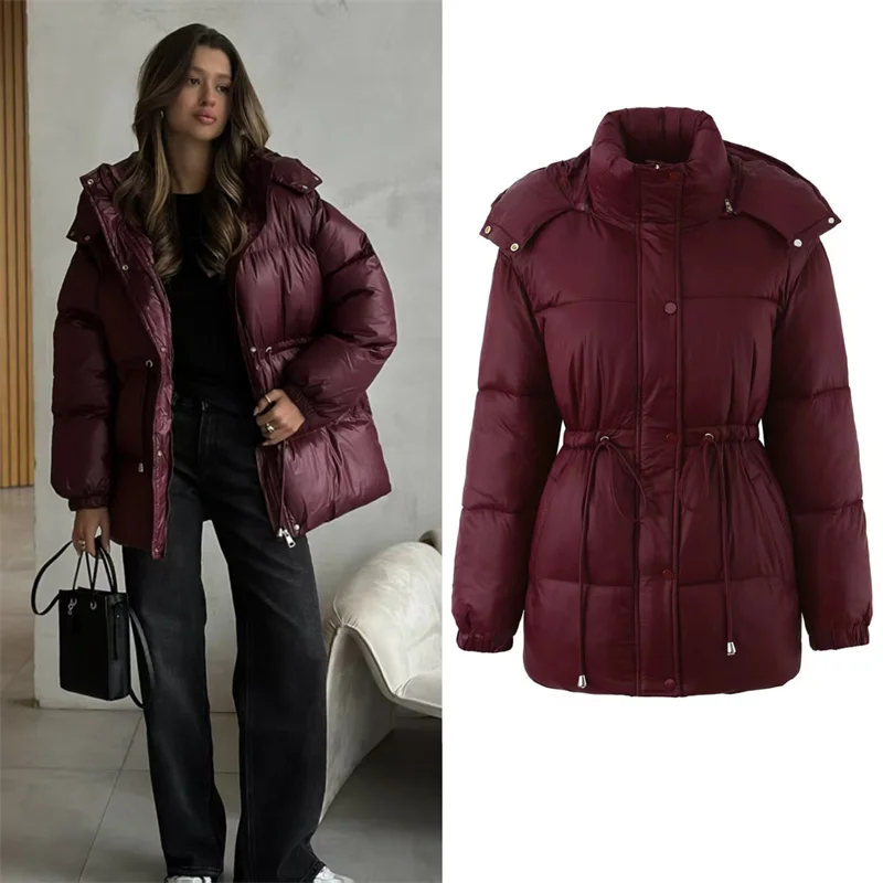 

Женское пальто 2025, зимняя новая стильная бордовая теплая хлопковая куртка средней длины с длинными рукавами и капюшоном, повседневная модная универсальная куртка