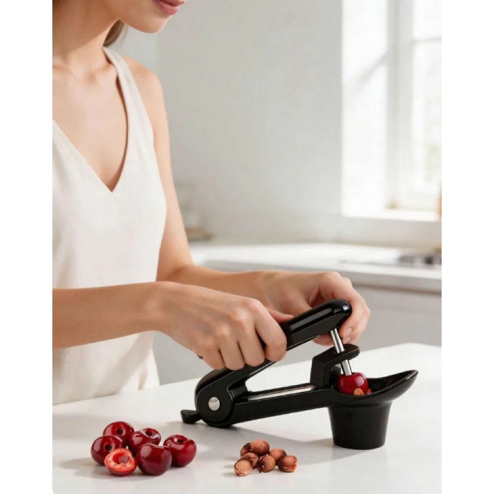 1 ud. Descorazonador de cerezas unisex de acero inoxidable, diseño de empuje manual, removedor de huesos para cerezas, aceitunas, mermelada, herramienta de cocina, negro, para uso doméstico