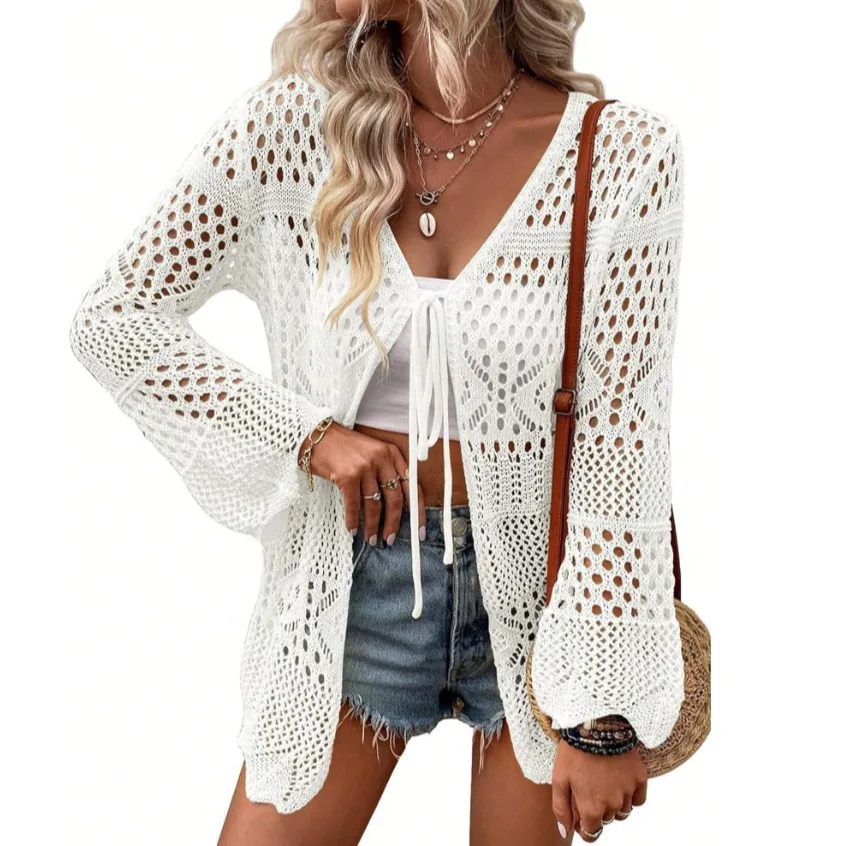 

Cardigan Women Beach Cover Up Knitted Blouse Swimsuit Knitting Top V Neck Lace Up Hollow Out Sexy Swimwears 2025 Summer Casual
