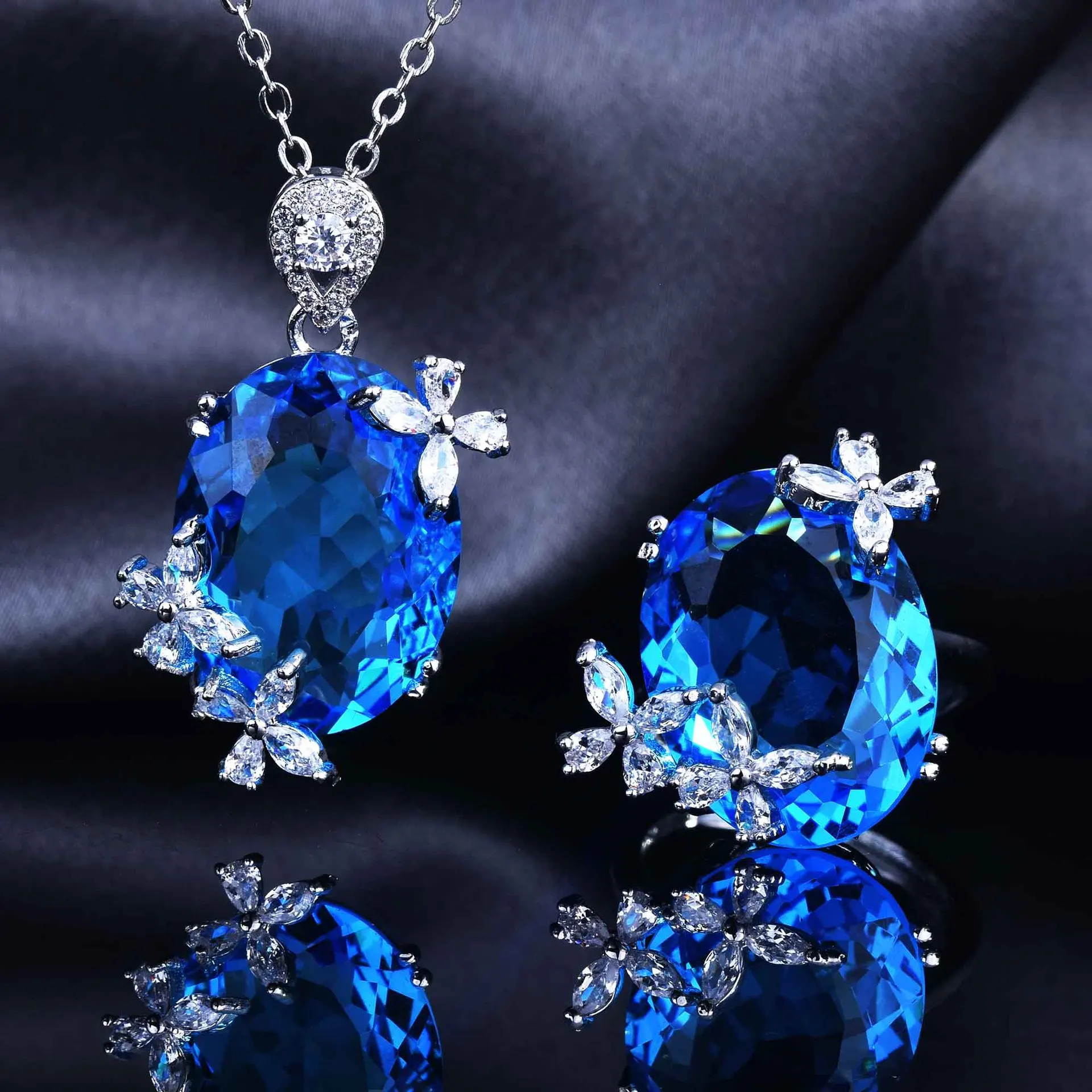 

Sweet Candy Color Butterfly Ring Necklace Set Aquamarine Pendant Fashion Party Collocation Women Jewelry Gift Wholesale