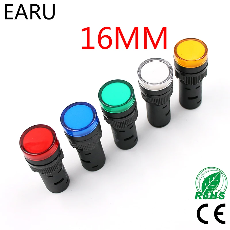 Indicator Signal Lamp Light Waterproof ad16-16ds 16mm AC/DC 12V 24V 110V 220V 380V Red Green Yellow Blue White LED Bulbs 20mA