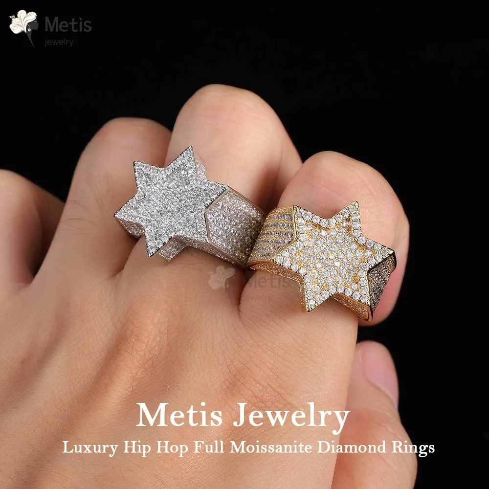 Dimensional Star Moissanite Ring 925 Sterling Silver Gold Plated Hip Hop Band Unique Gift for Husband