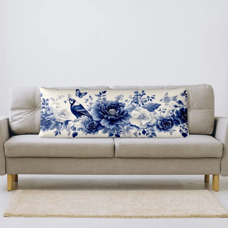 1pc Vintage Style Polyester Pillowcase, 50.8X137.16 cm, Elegant Dark Blue Floral And Bird Print, Zippered Decorative Long Lumbar