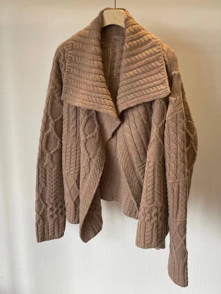 

Korean Sle Coffee Knitted Sweater Coat Women's Autumn Winter Faion Large Collar Knitwear Outerwear Collar Long Sve