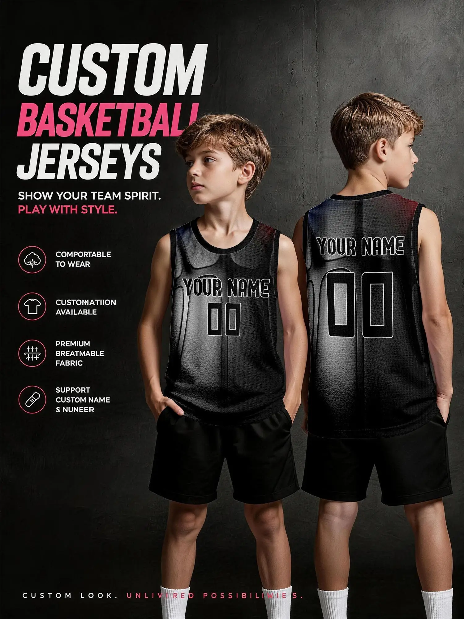 Black‑grey Gradient Premium Custom Basketball Jersey, Mesh Breathable Sports Vest With Custom Name & Digits