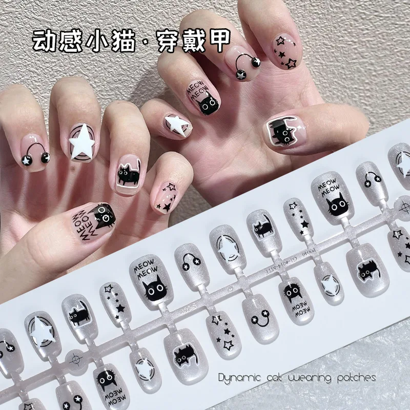 

30pcs Cartoon Cat Eye Wearable Nail Stickers Tips Detachable Cute Cat Headphones Black White Kawaii Nail Art Decoration Clip DIY