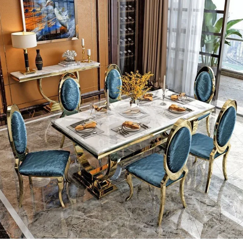 2020 Customized Rectangular Real Natural Marble Top Italian Luxury Design Wood Types 6 Chairs Dining Table Set