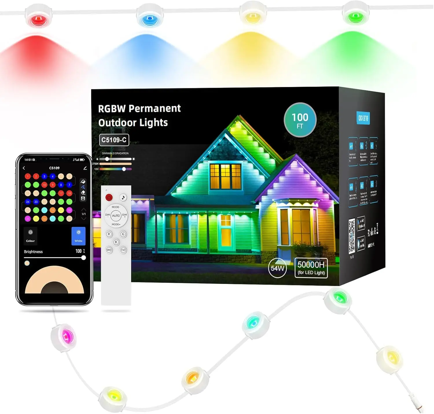 100 قدم مع 72 مصباح LED، 111 وضعًا للمشهد، أضواء RGBW الذكية مع 40 لومن أبيض دافئ، تطبيق وجهاز تحكم عن بعد لعيد الميلاد والعطلات والأعمال