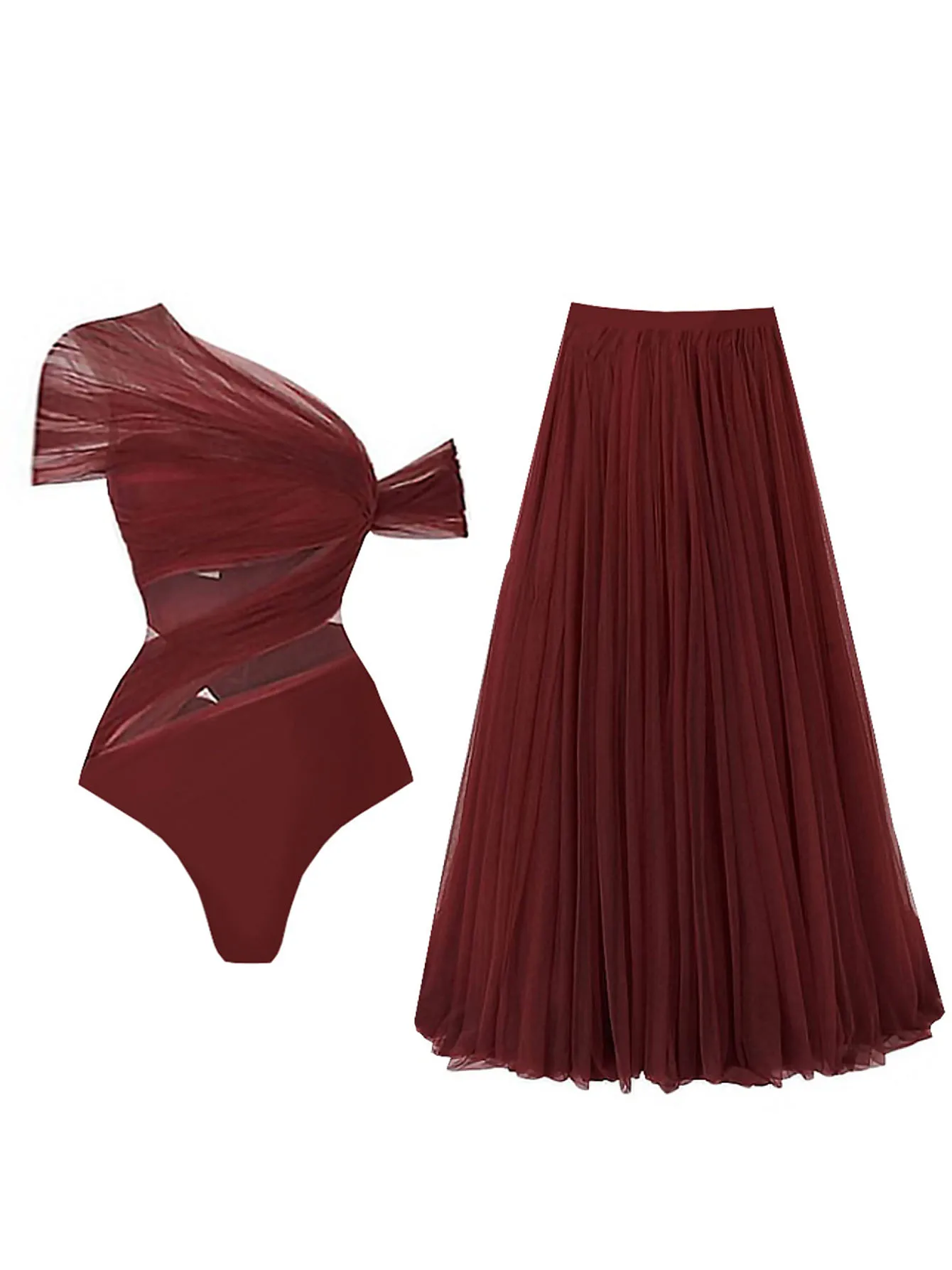 

2026 New Luxury One Piece Biquini with Floor Length Tulle Skirt Sexy Woman Swimsuit Summer Set Hollow Ruffled Swimwear