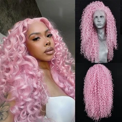 Charisma Soft 26 Inch Long Kinky Curly Synthetic Lace Front Wig For Women With BabyHair Soft Preplucked Wig Pink Wigs