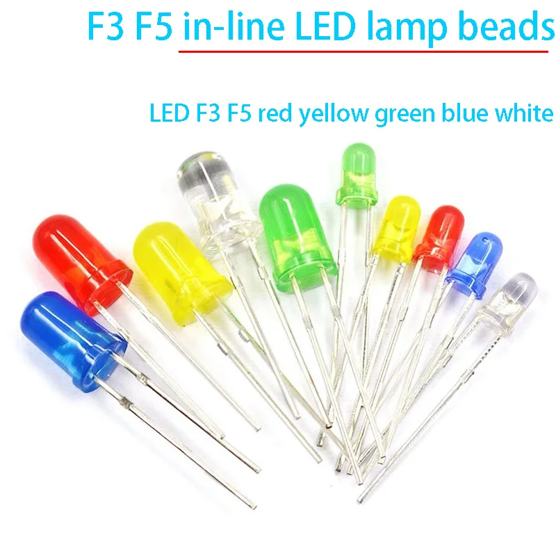 100PCS 3mm 5mmLED bulb light emitting diode F3 F5 red green yellow blue white in-line LED lamp beads