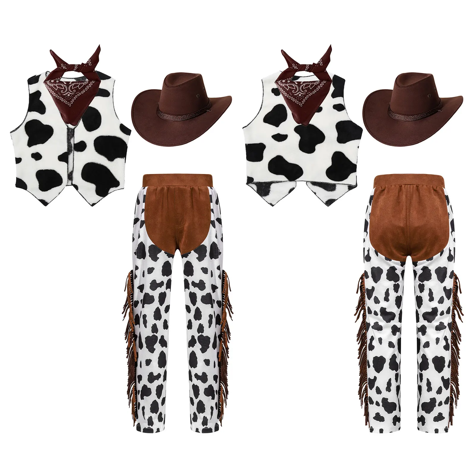 Unisex Cowboy Costume para crianças, Cowboy, Cowgirl, Cosplay Outfits, Cow Impresso Vest, Calças Franjadas, Bandana, Western Hat, Halloween, 4pcs