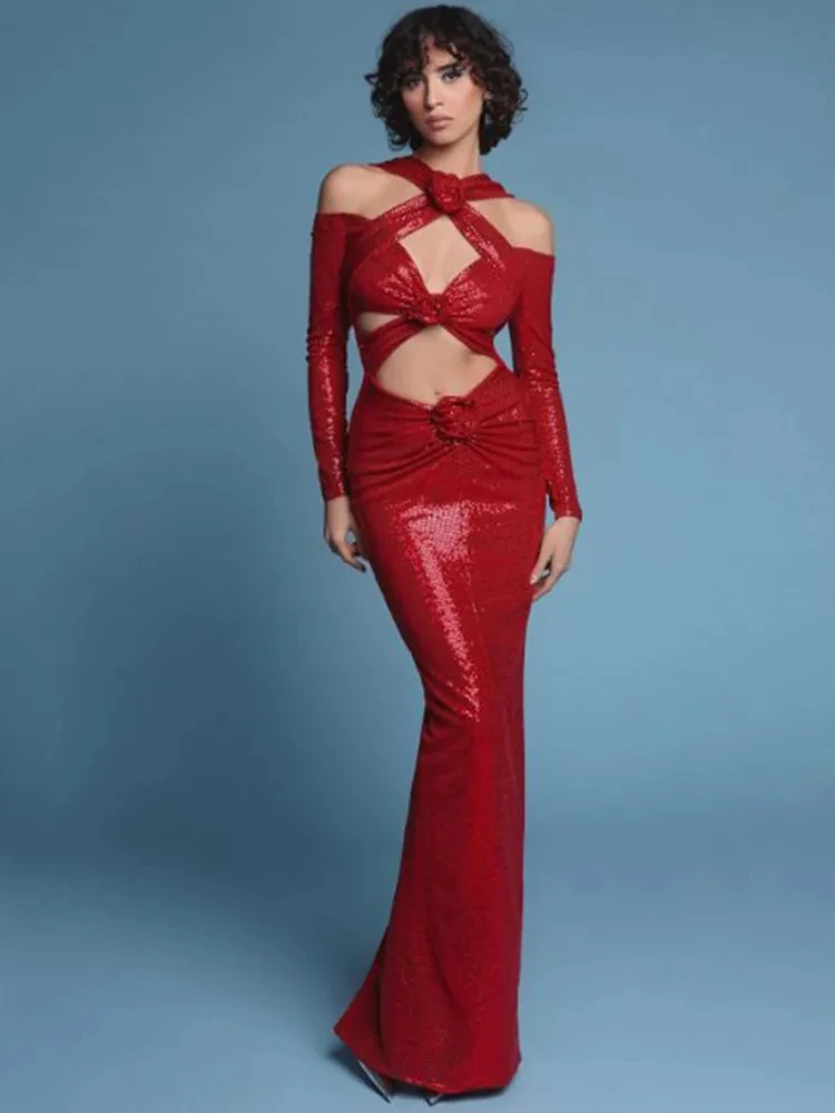 2024 Women Celebrity Sexy Long Sleeve Cut Out Sequins Sparkly Red Maxi Long Bodycon Dress Evening Club Party Dress