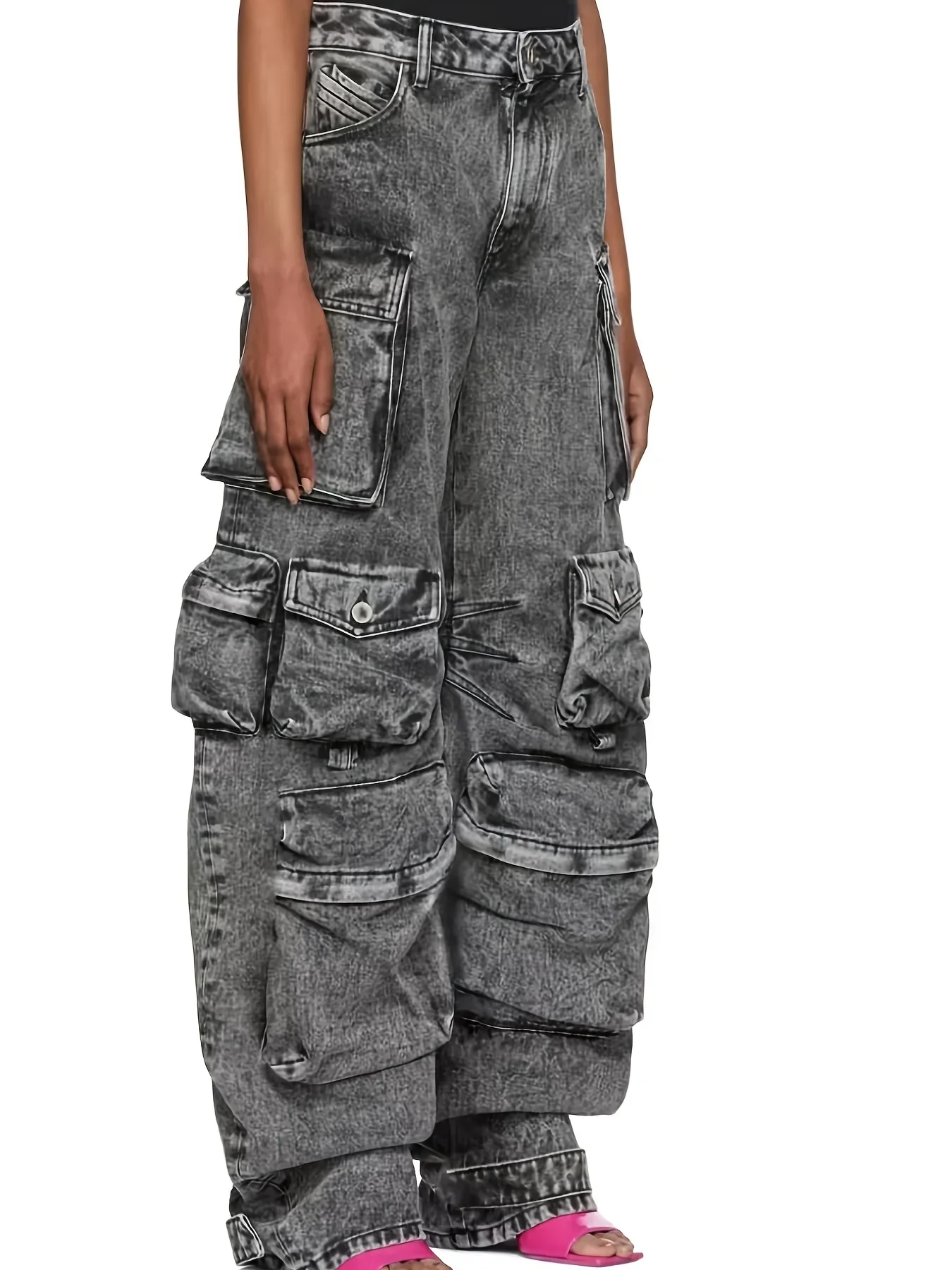 Women\'s Multiple pockets stitching Denim  pants Straight tube long pants loose  wide leg Side work pocket cargo pants