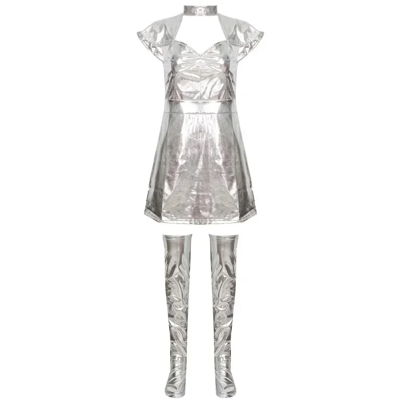 

Womens Halloween Sexy Space Planet Astronaut Silver Cosplay Costume Nightclub Party Dance Pretty Girl Fancy Dress Clubwear