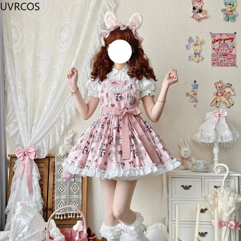 Japanese Kawaii Lolita Style Bow Princess Dress Women Cute Cat Print Lace Ruffle Party Mini Dresses Girly Gothic Y2k Strap Dress