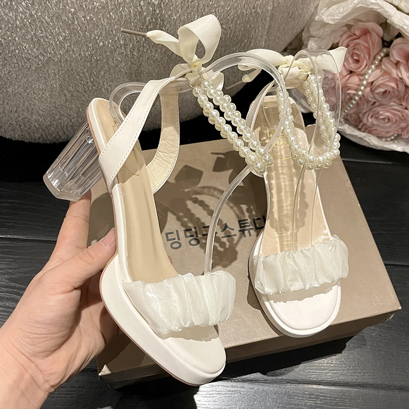 Comfort Shoes for Women Pearl Sandals Suit Female Beige Increasing Height Block Heels All-Match Black Bow 2024 Fashion Chunky