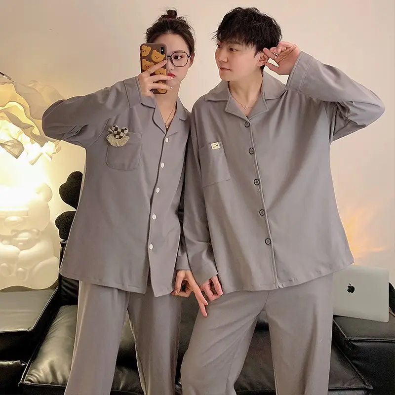 Couple Pajamas Men Comfortable Leisure Home Wear Women Can Be Worn Outside Sleepwear Ladies Solid Turn-down Collar Nightdress