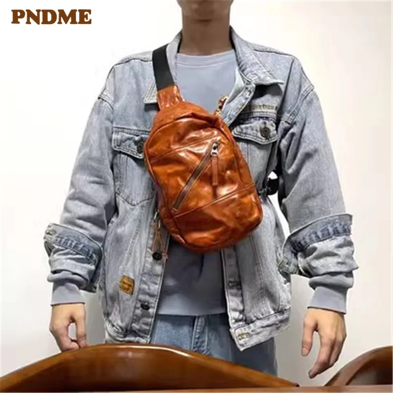 PNDME Vintage Luxury Genuine Leather Pleated Men's Chest Bag Outdoor Casual High-quality First Layer Cowhide Crossbody Bag