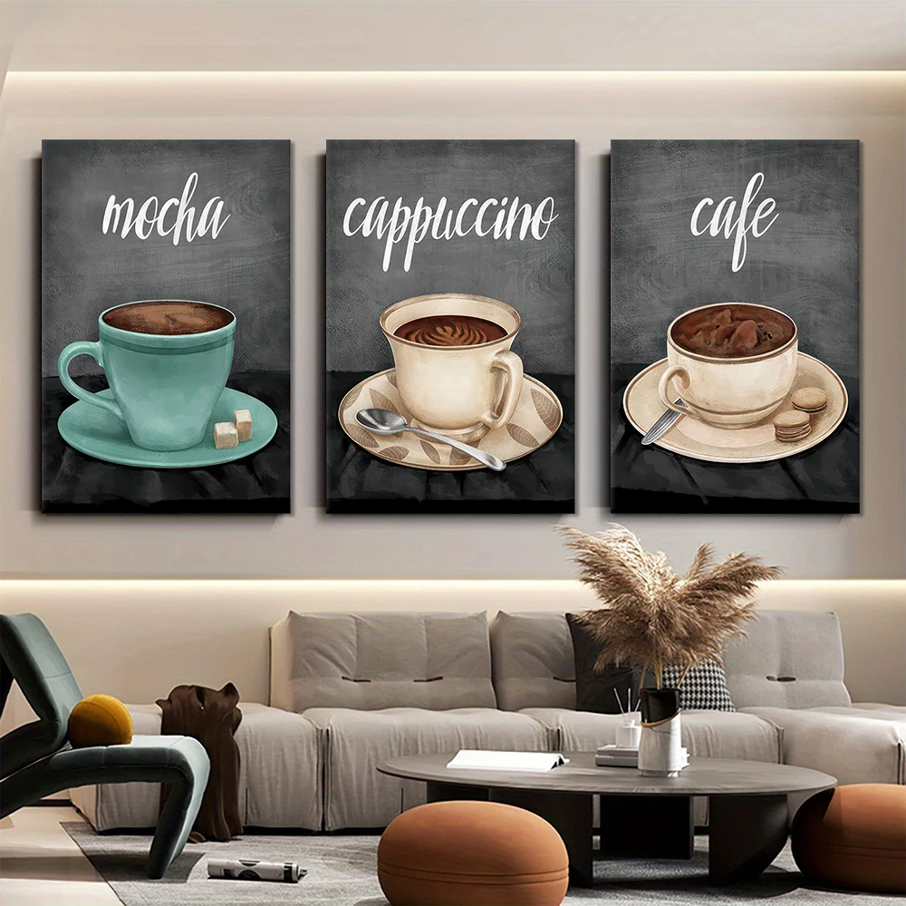 3 قطع، لوحة زخرفية قماشية حديثة وبسيطة تحت عنوان القهوة، لوحة فنية معلقة على شكل فنجان قهوة موكا، غرفة المعيشة وغرفة الطعام ك #4