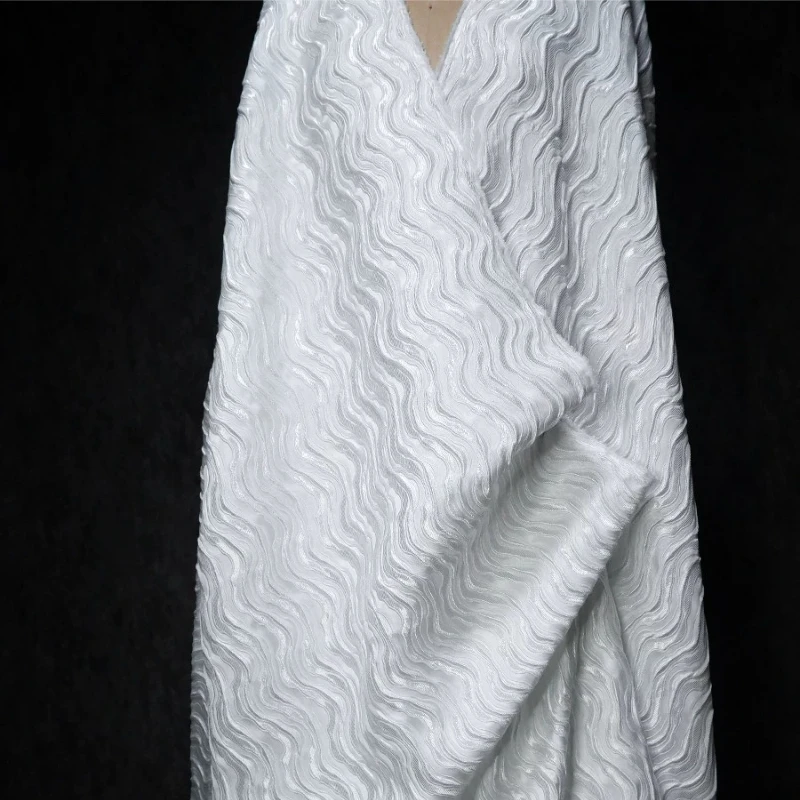 Jacquard Fabric White Water Ripple Wave Pattern Relief Embossed Textured Gown Coat Autumn Winter Designer DIY Sewing Accessories