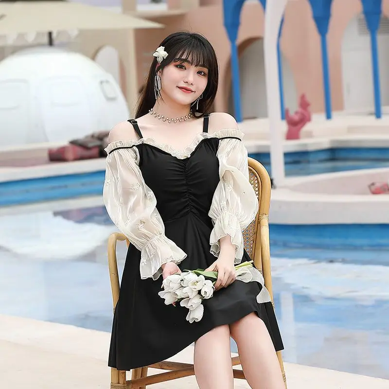 Large Size 9XL 160KG Women's Swimming Suit Black Swimwear One Piece Patchwork Swimsuit with Skirt Woman Bathing Suit