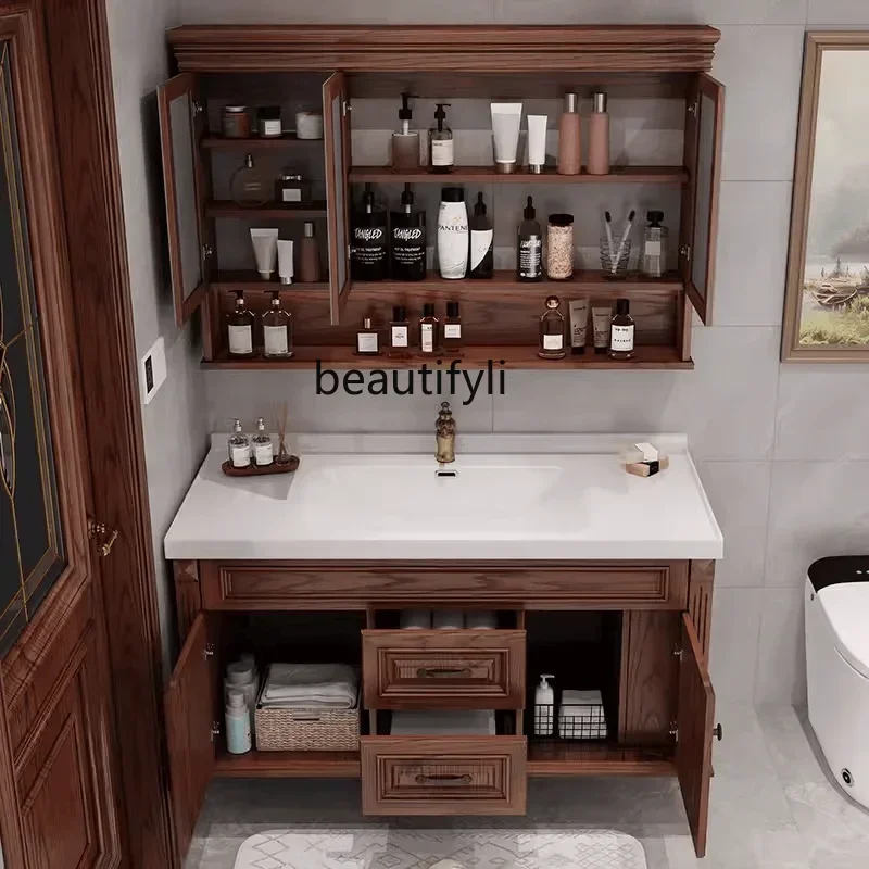 

smt03 New Arrivals American Red Oak Integrated Ceramic Basin Bathroom Cabinet Solid Wood Wash Basin Cabinet Smart Bathroom Wall