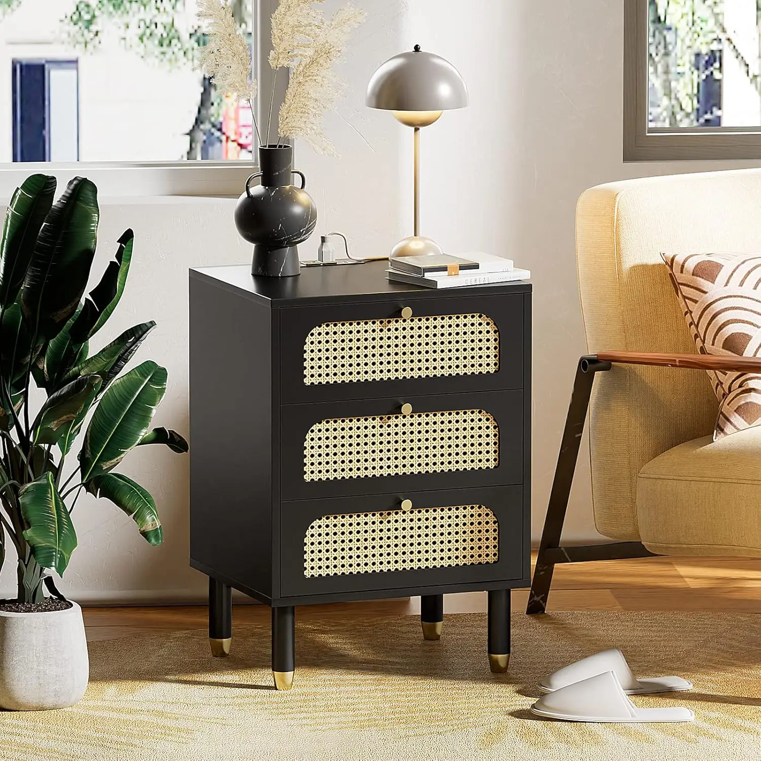 27' Black Rattan Nightstand Set of 2 with Charging Station, 3 Drawers, Boho Modern Bedside Tables (2 Pack)