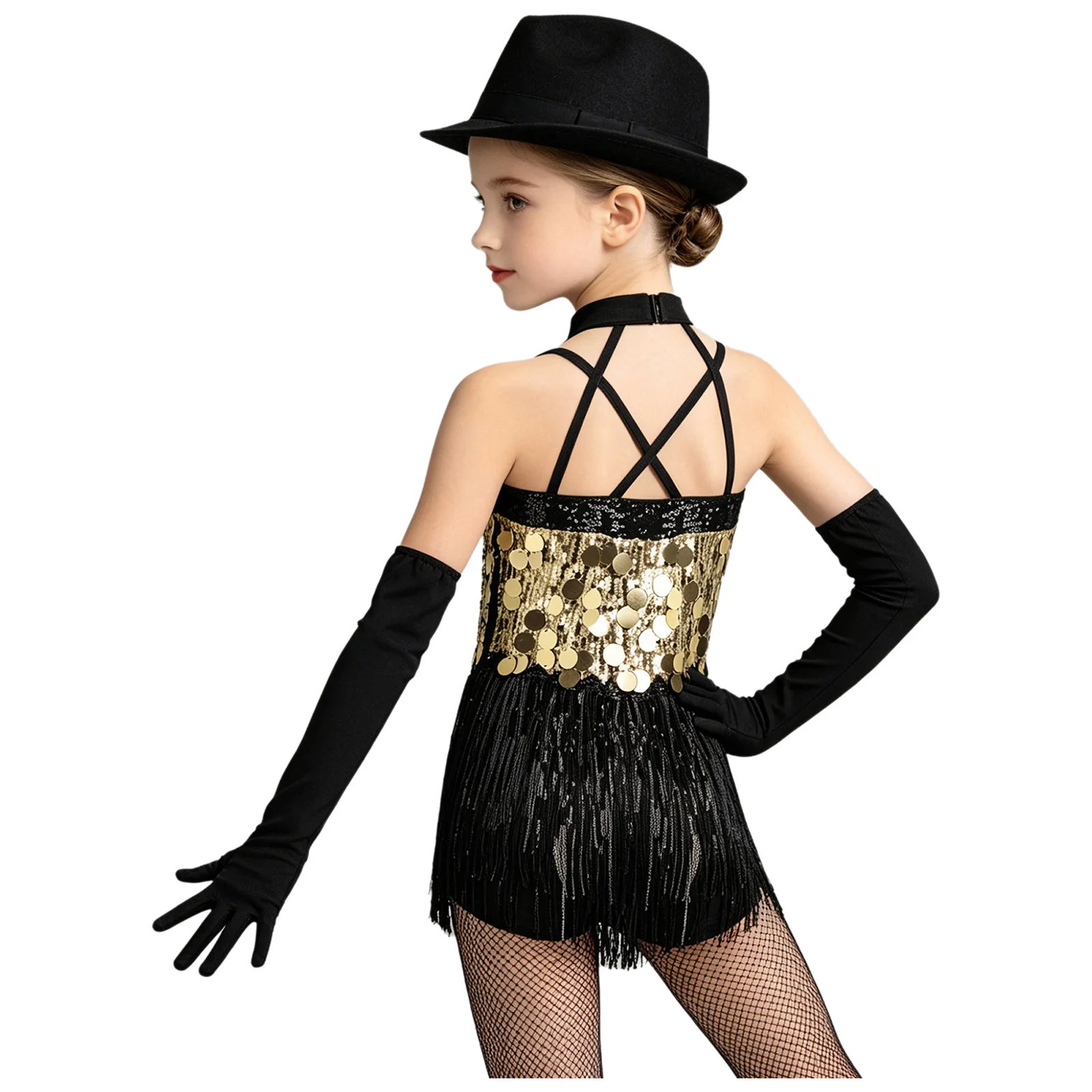 

Kids Girls Tassel Latin Dance Ballroom Jazz Tango Samba Costume Halter Sleeveless Shiny Sequin Fringed Dress Leotard with Gloves