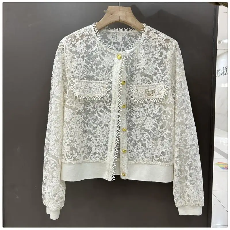 

Women's 2024 Spring New Lace Collar Casual Hollow Panel Button Solid Color Versatile Office Lady Fashion Long Sleeved Tops