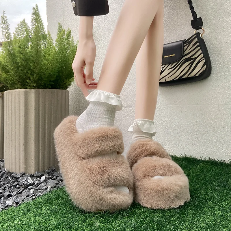 Summer Home Furry Fur Slides Plush Slippers Fluffy Flip Flops Luxury Slip on Platform Female 2024 Zapato De Mujer Designer